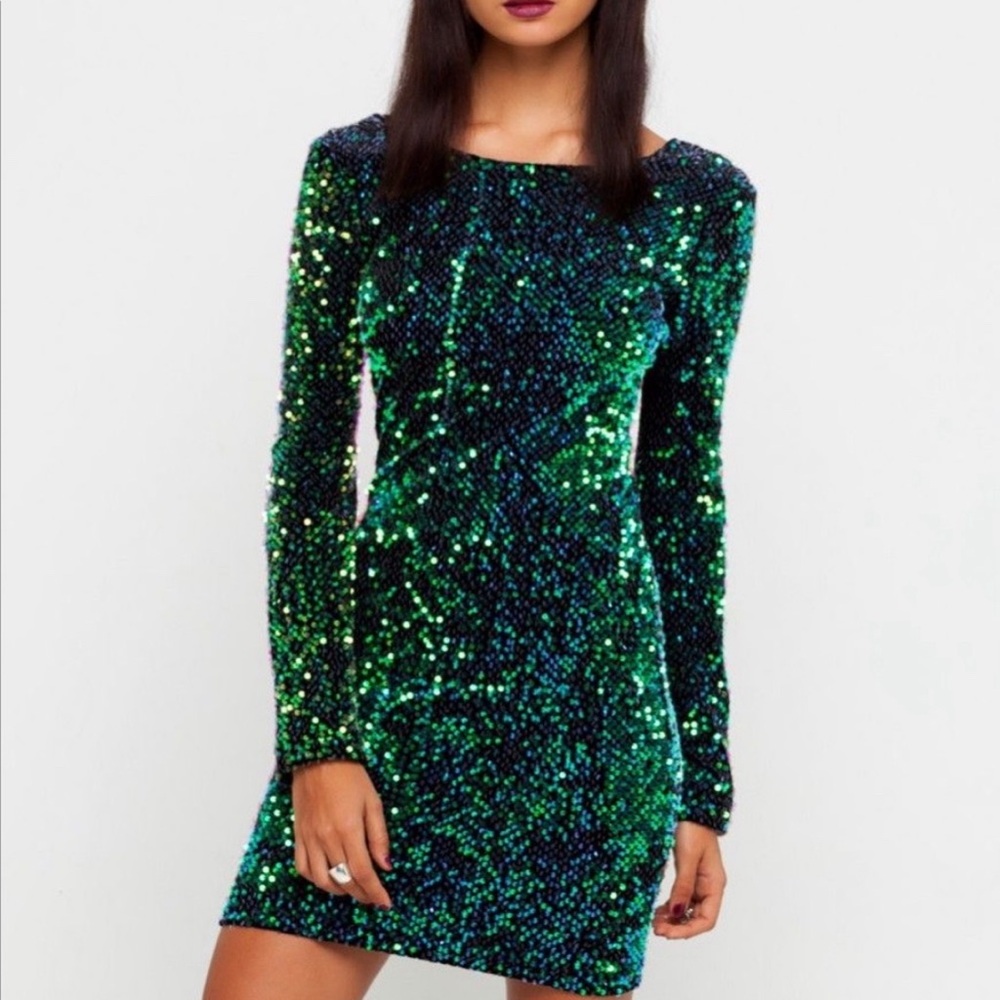 Motel Rocks Gabby Green Iridescent Sequin Plunge Back Mini Dress